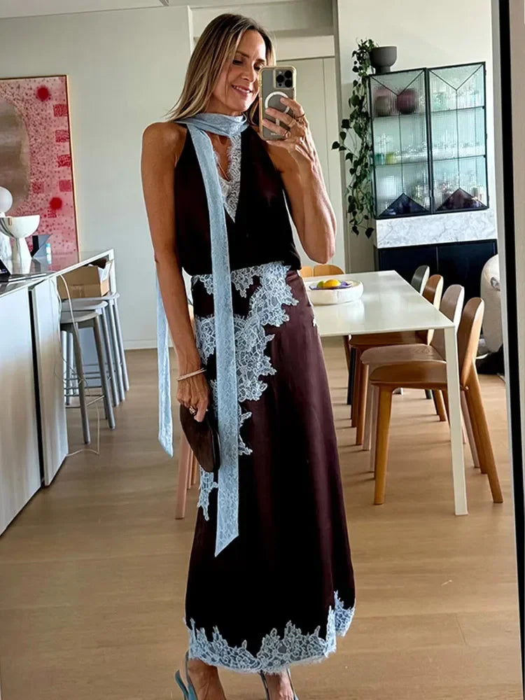 Patchwork lace long skirt suit