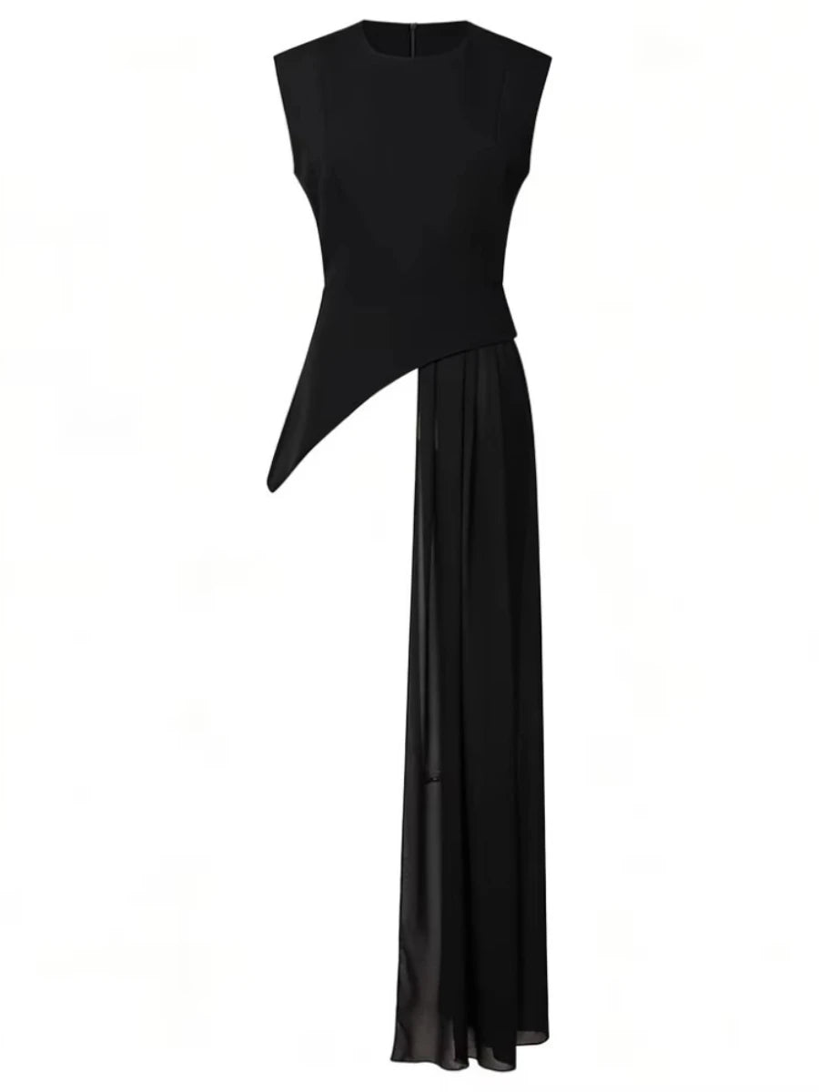 blusa elegante de cintura alta sin mangas con cuello redondo