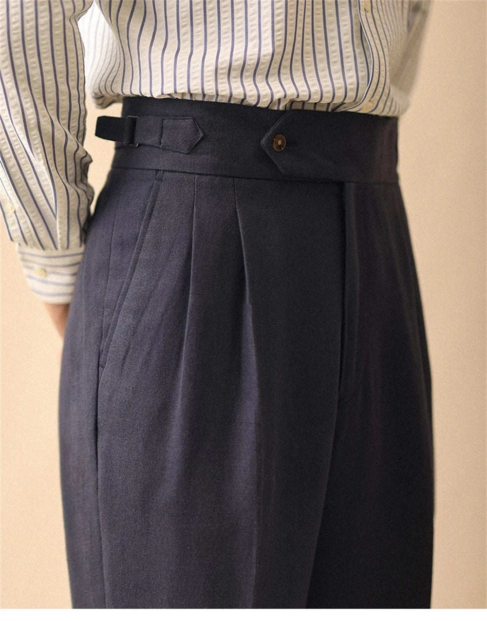 Pantalón recto de lino para hombre, pantalón de verano para caballero de negocios, Nápoles, hebilla de París, drapeado, pantalones de talle alto, pantalón Formal para hombre