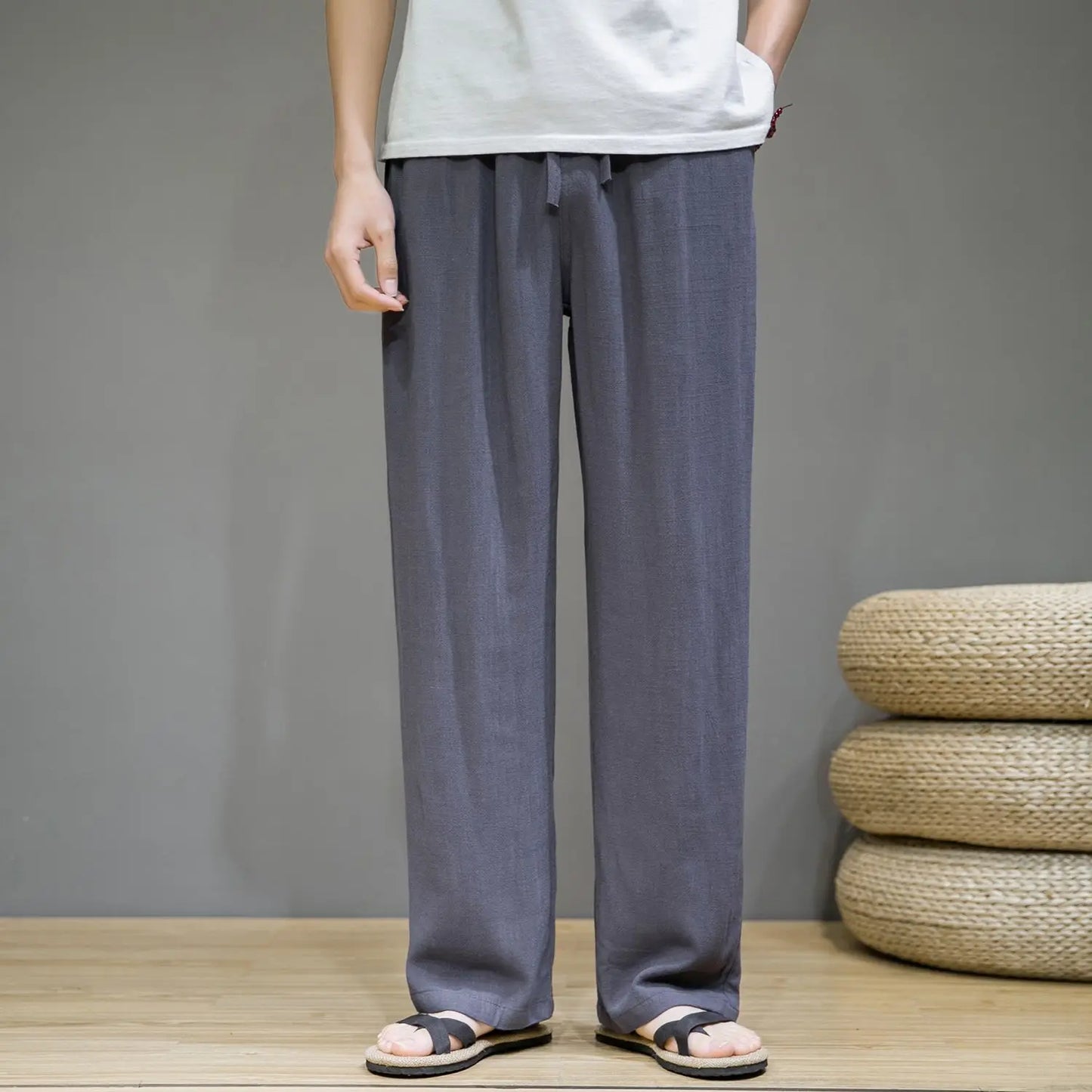 Pantalones de Lino para Corte Recto, Cintura Elástica