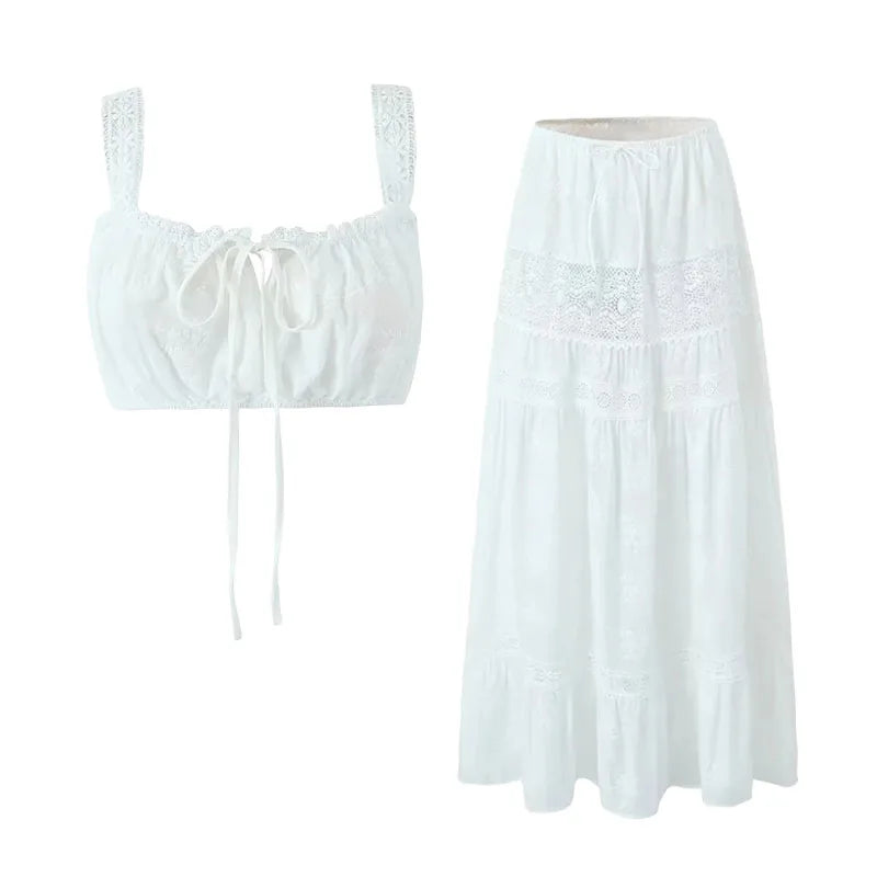 Conjunto de falda de encaje, vestido de verano para mujer, vacaciones en la playa, conjunto Sexy de algodón a juego, trajes de primavera blanco, 2 uds., conjunto femenino 2025