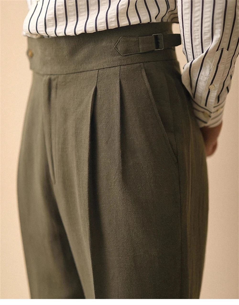 Pantalón recto de lino para hombre, pantalón de verano para caballero de negocios, Nápoles, hebilla de París, drapeado, pantalones de talle alto, pantalón Formal para hombre