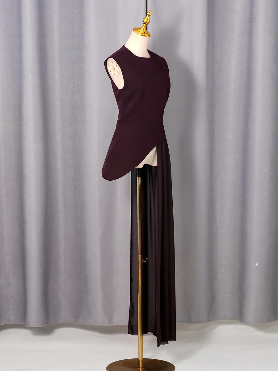 blusa elegante de cintura alta sin mangas con cuello redondo