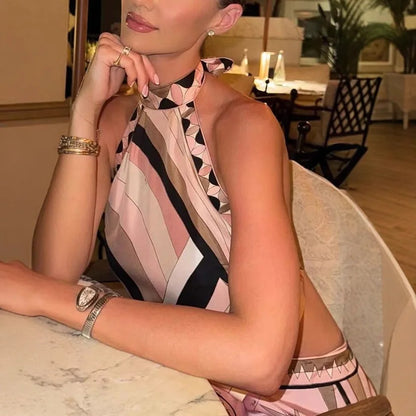 Conjuntos de minifalda con estampado Halter  Top Sexy sin mangas