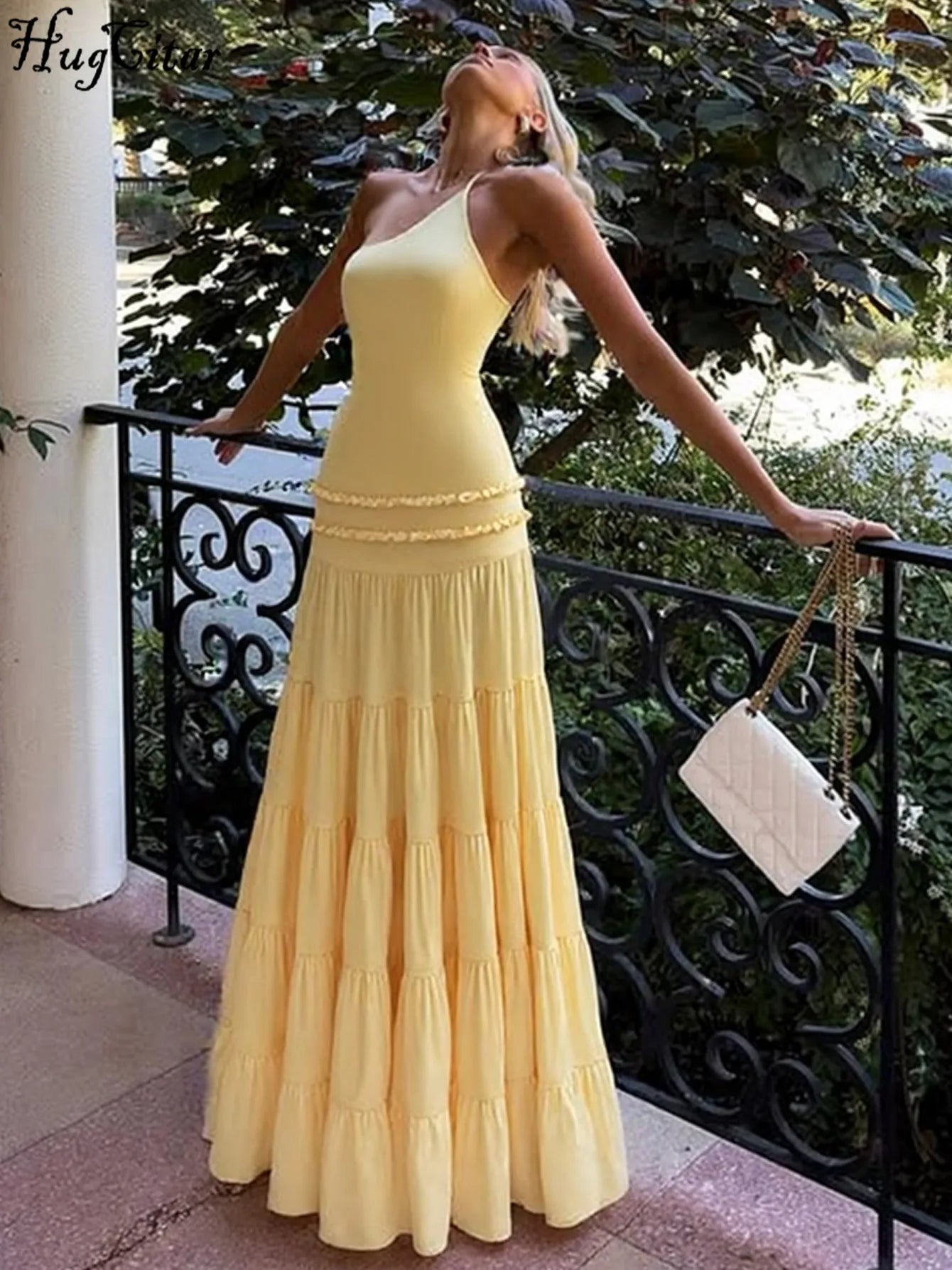 vestido espalda descubierta Sexy volantes elegante plisado Maxi