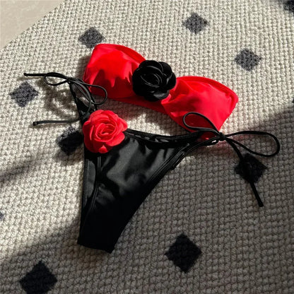 Bikini Bandeau Floral con Cordones 2026 | Corte Brasileño | Kaivowear