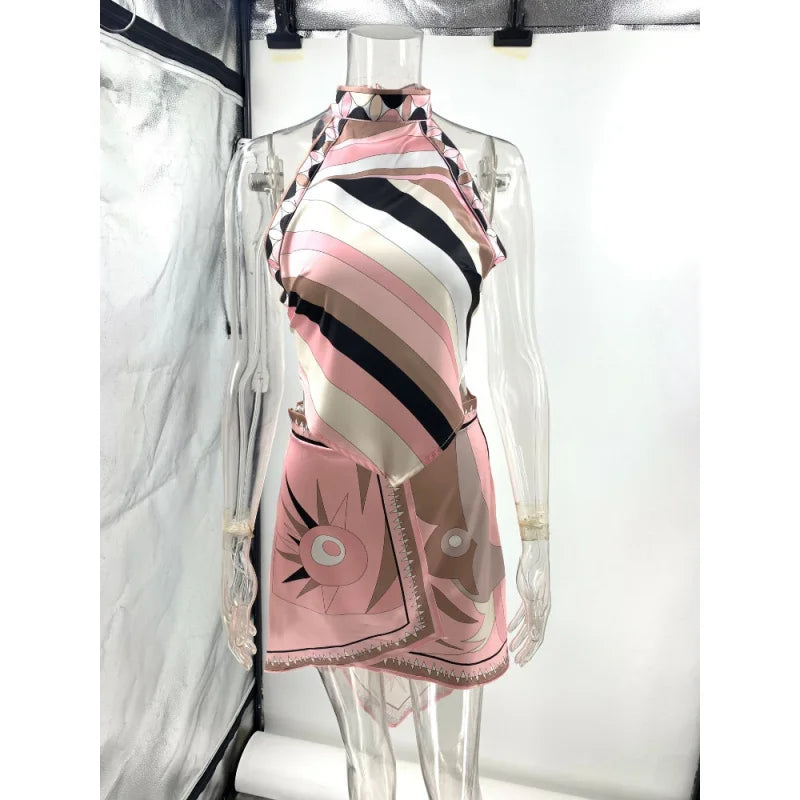 Conjuntos de minifalda con estampado Halter  Top Sexy sin mangas