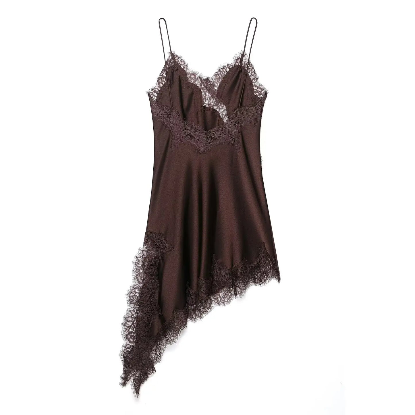 vestido transparente de encaje empalmado de satén
