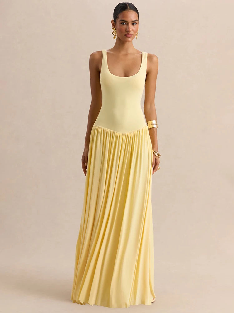 Vestido largo sexy sin espalda con cuello en U y pañuelo