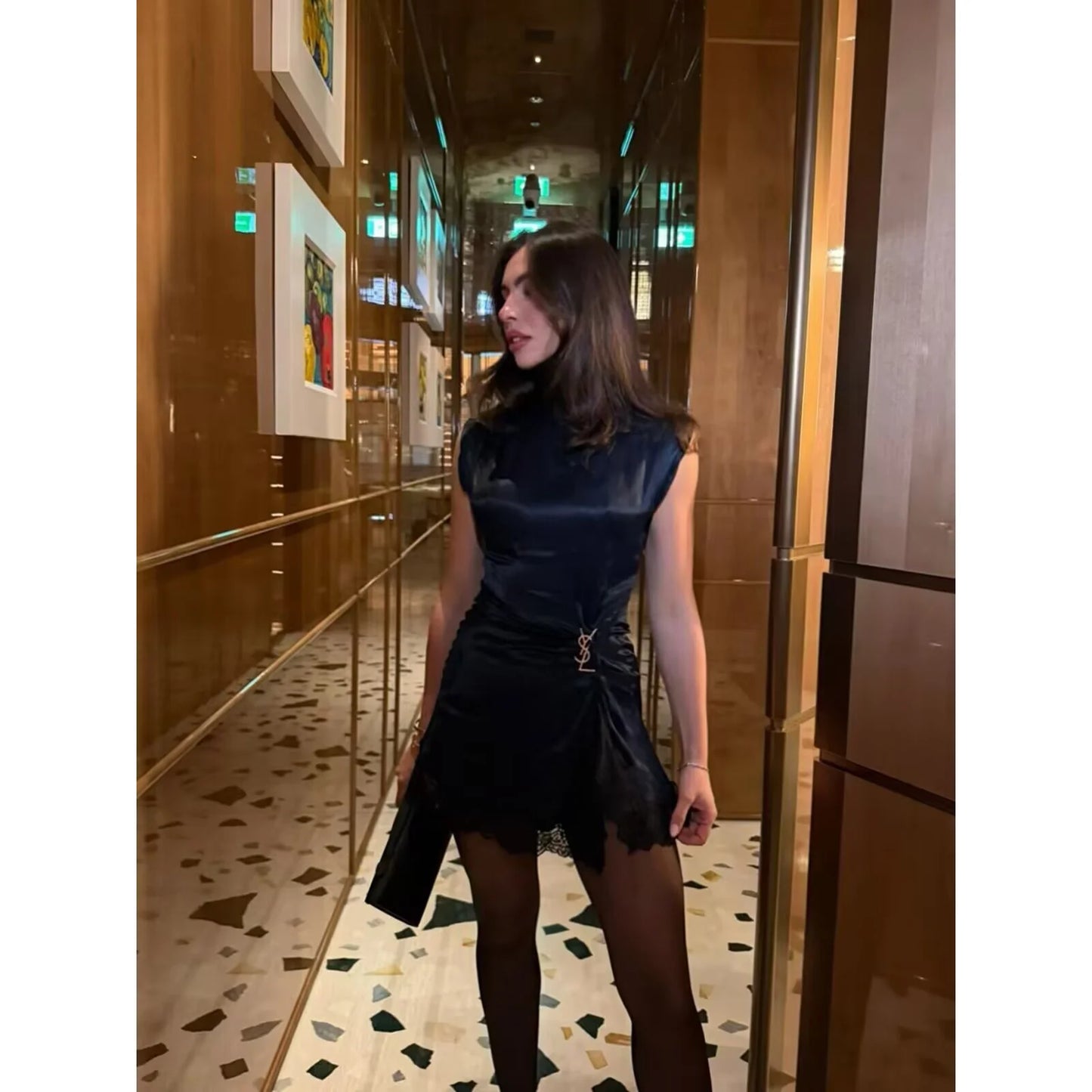 vestidos de satén  encaje patchwork hendidura sexy