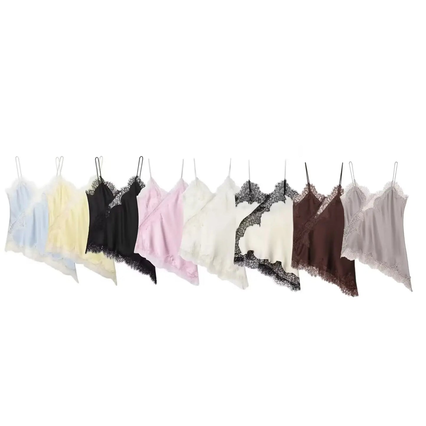 Tops mujeres encaje Trim volantes dobladillo asimétrico