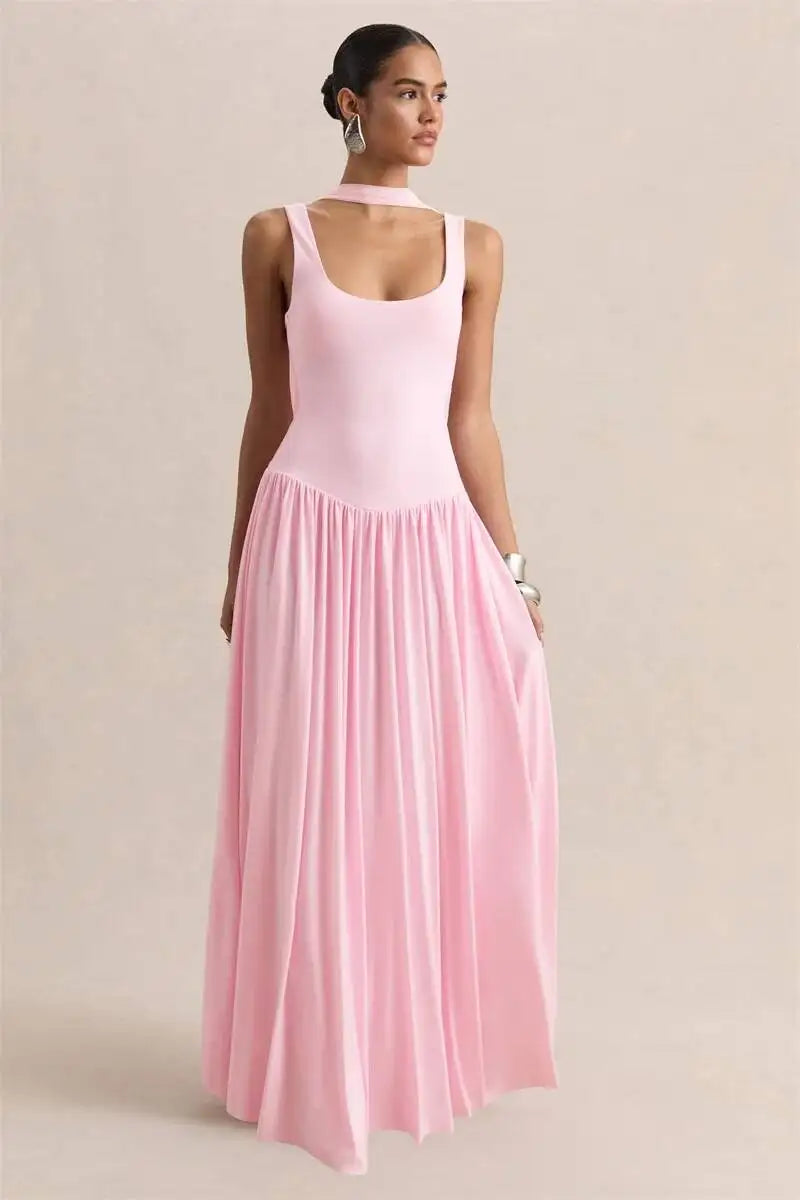Vestido largo sexy sin espalda con cuello en U y pañuelo