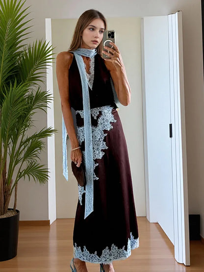 Traje de falda larga de encaje de retales