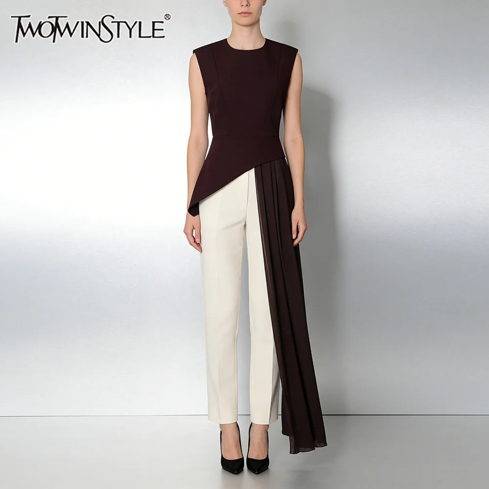 blusa elegante de cintura alta sin mangas con cuello redondo