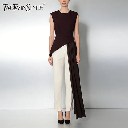 blusa elegante de cintura alta sin mangas con cuello redondo