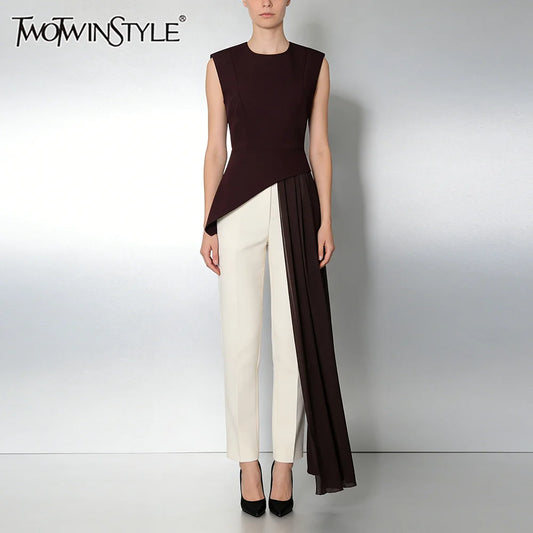 blusa elegante de cintura alta sin mangas con cuello redondo