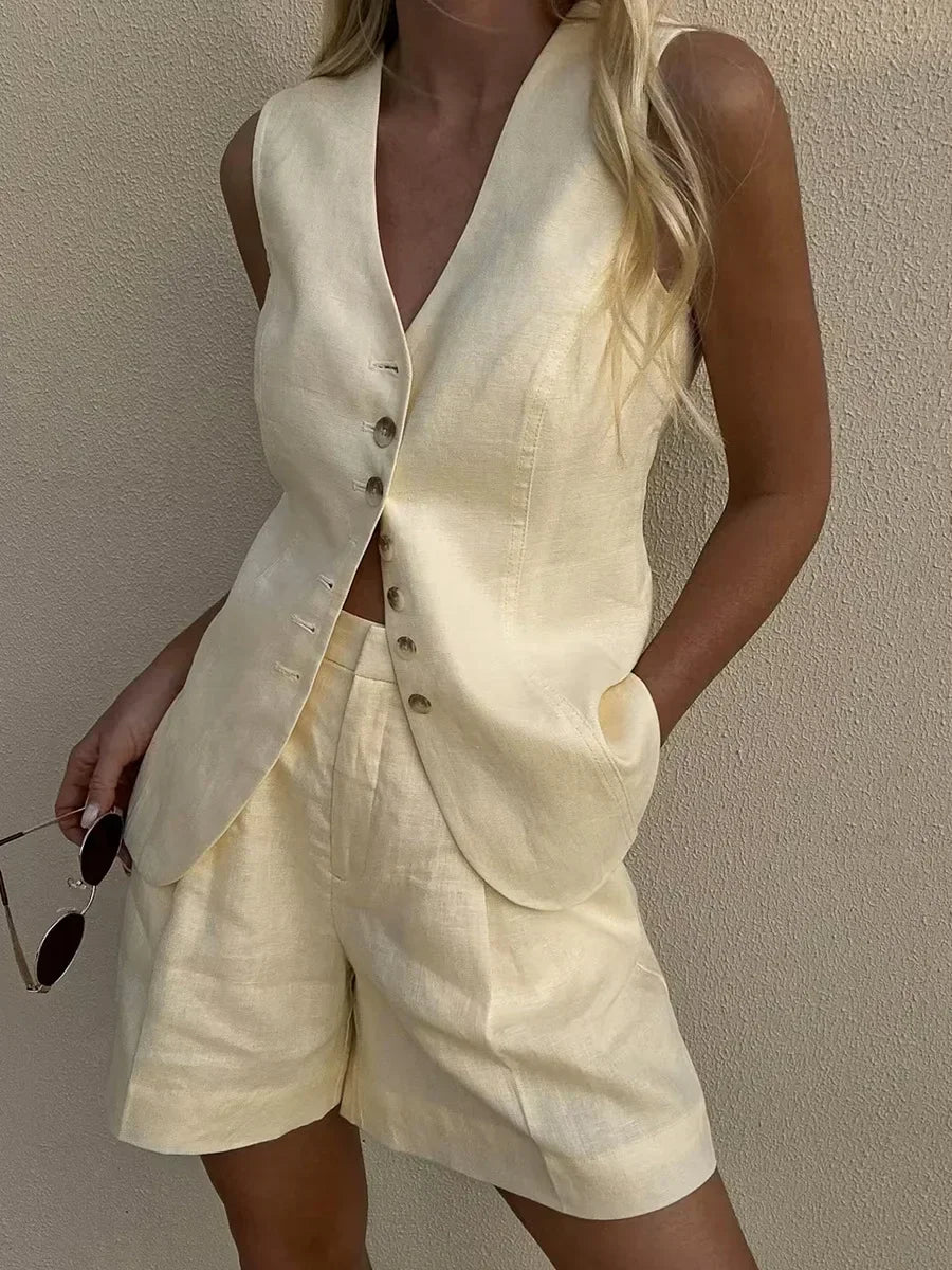 Conjunto de pantalones cortos y chaleco informal elegante de algodón y lino