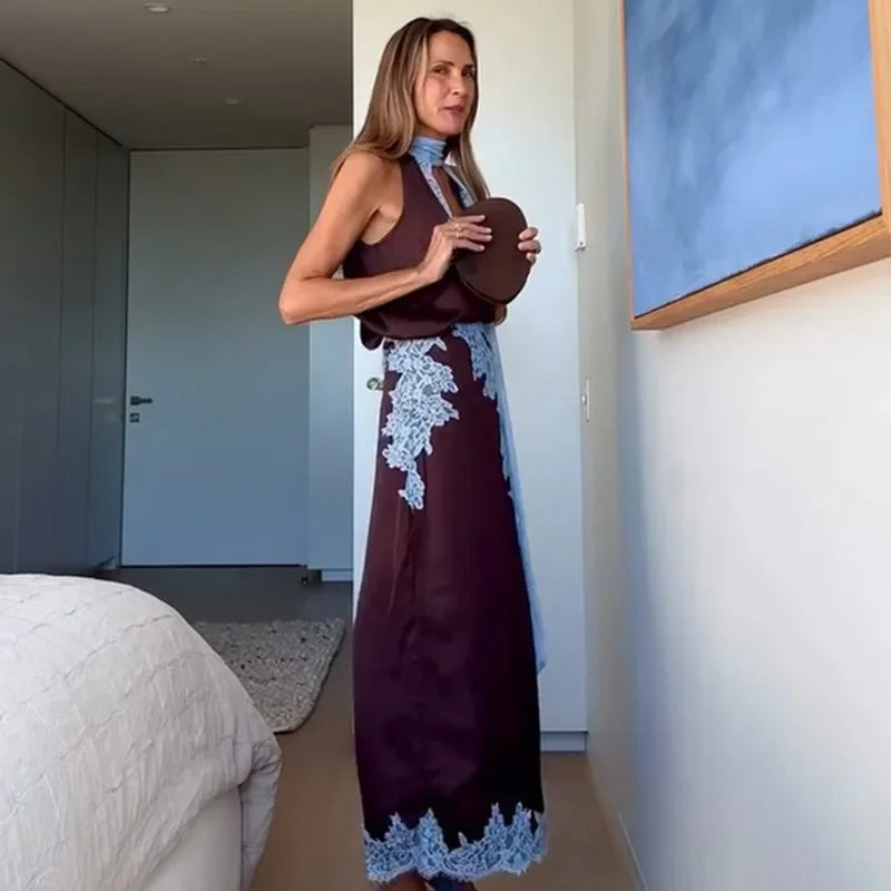 Traje de falda larga de encaje de retales