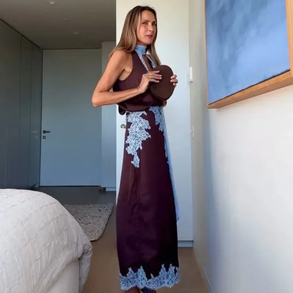 Traje de falda larga de encaje de retales