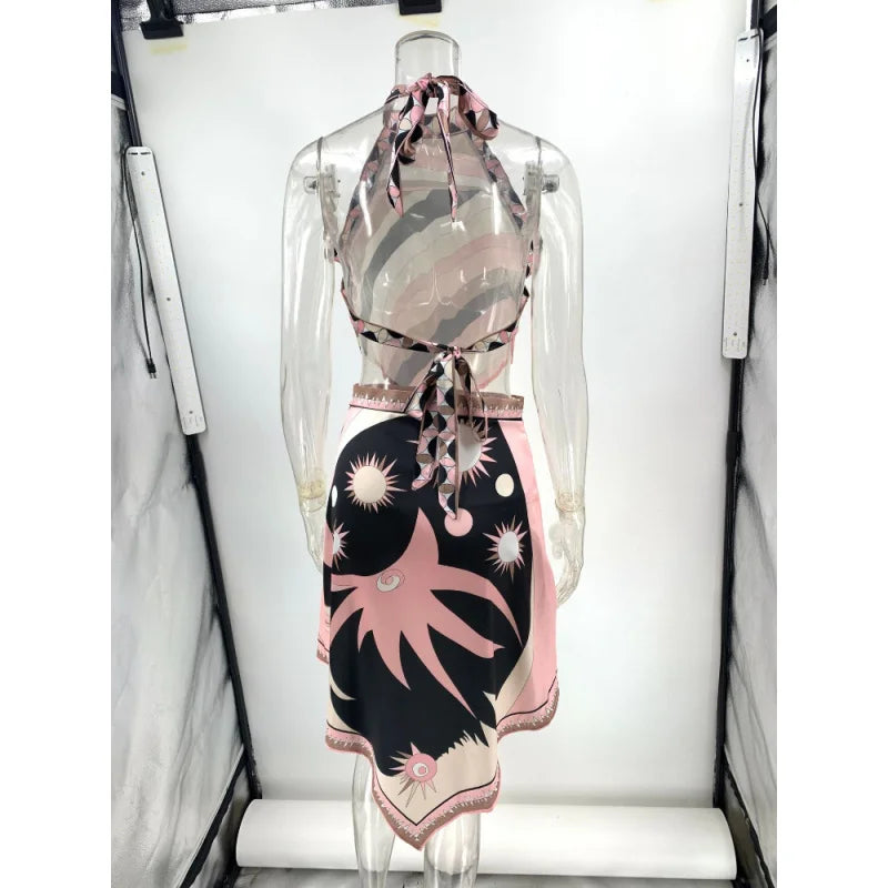 Conjuntos de minifalda con estampado Halter  Top Sexy sin mangas