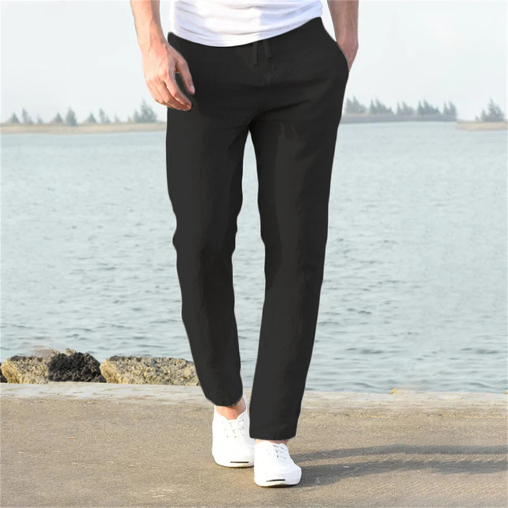 Pantalones de lino y algodón color solido
