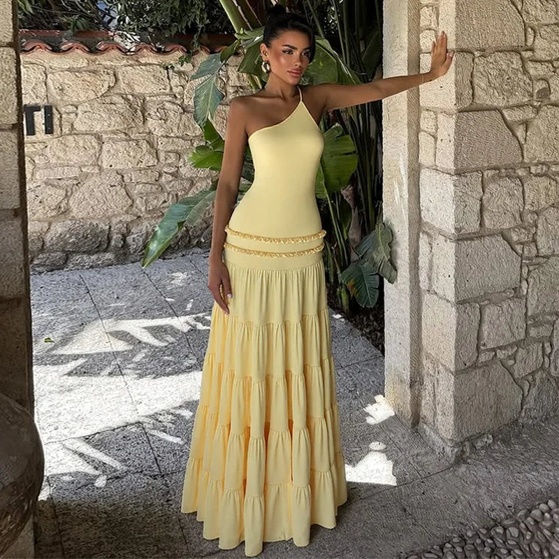 vestido espalda descubierta Sexy volantes elegante plisado Maxi
