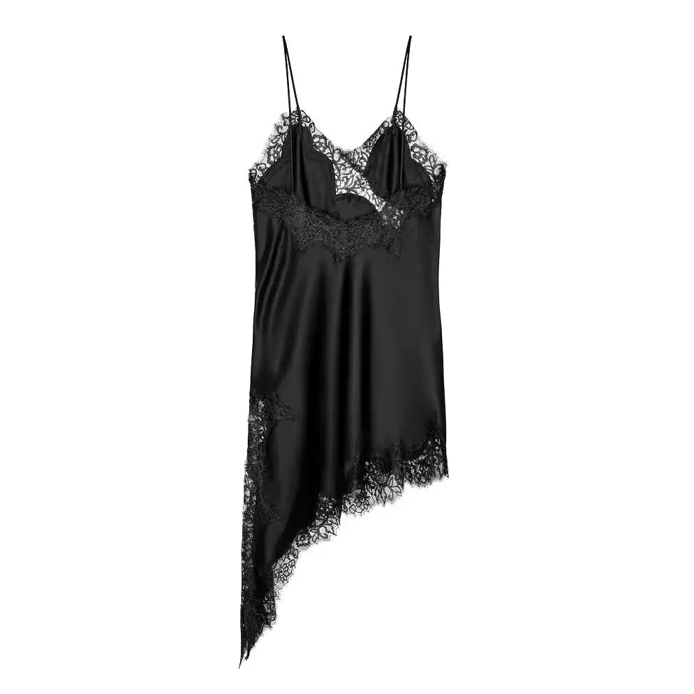 vestido transparente de encaje empalmado de satén