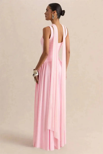 Vestido largo sexy sin espalda con cuello en U y pañuelo