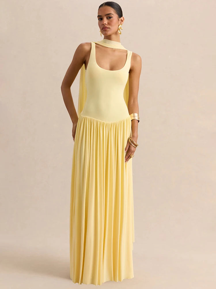 Vestido largo sexy sin espalda con cuello en U y pañuelo