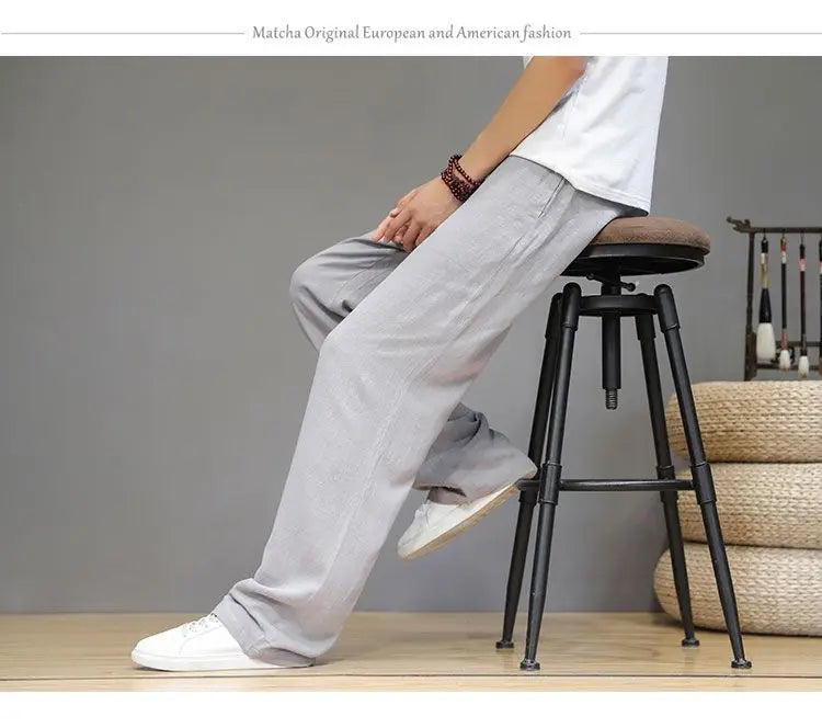 Pantalones de Lino para  Corte Recto, Cintura Elástica