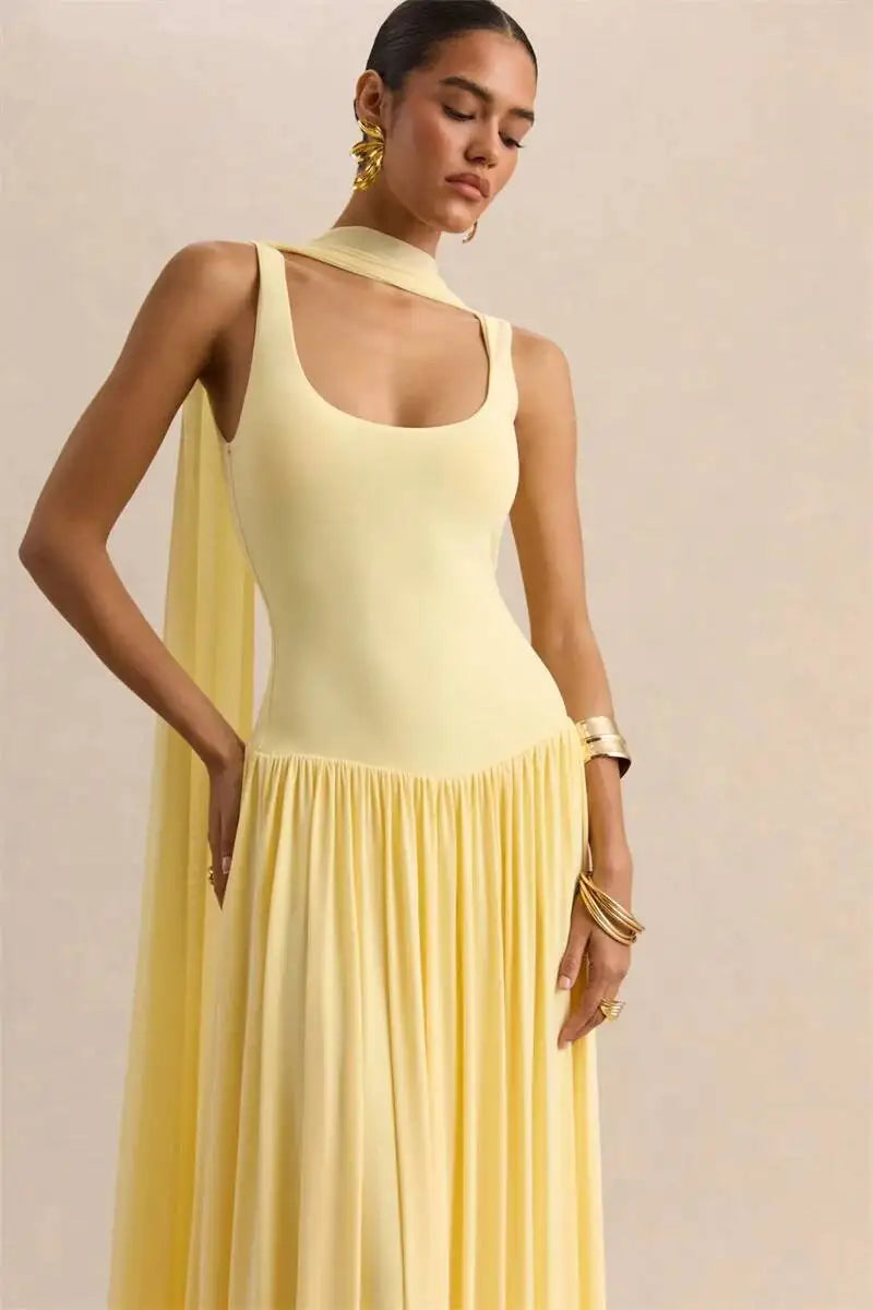 Vestido largo sexy sin espalda con cuello en U y pañuelo