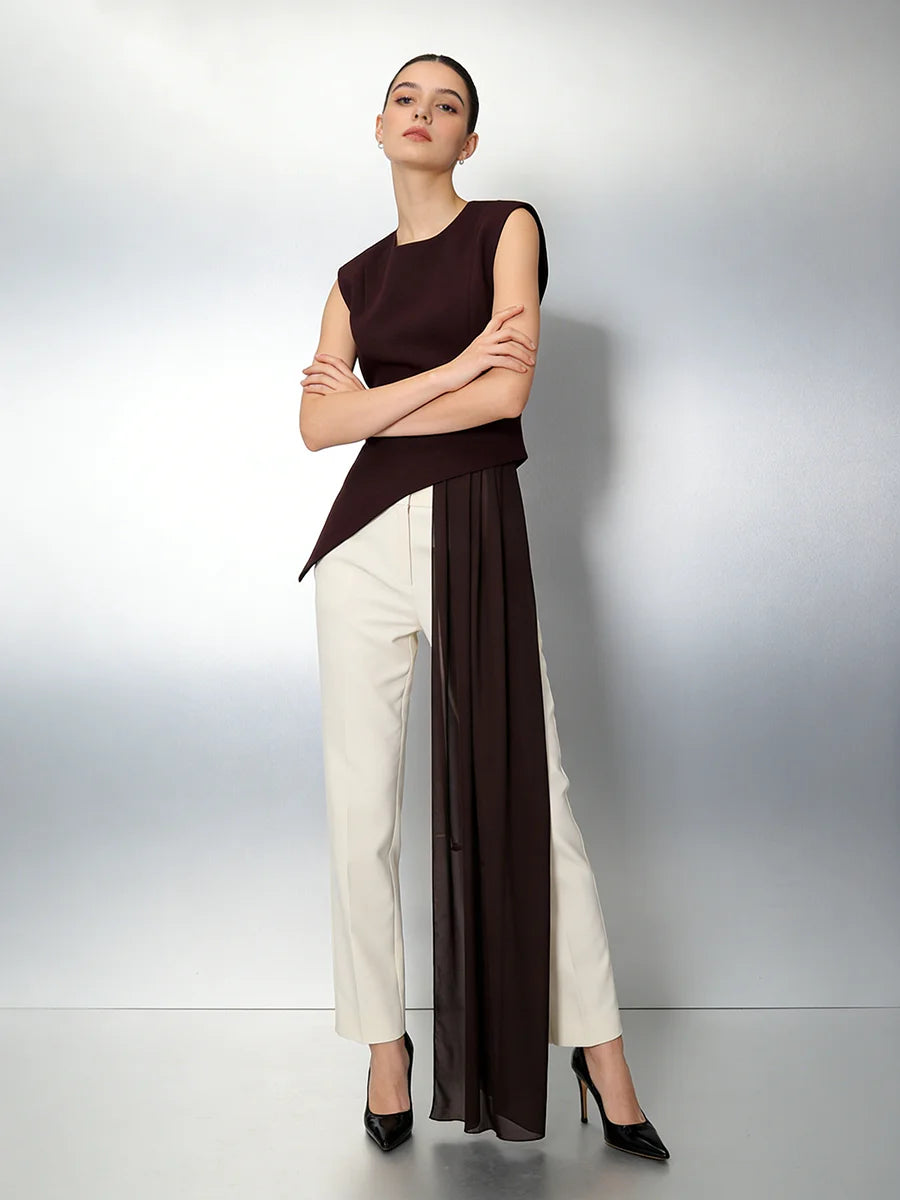 blusa elegante de cintura alta sin mangas con cuello redondo