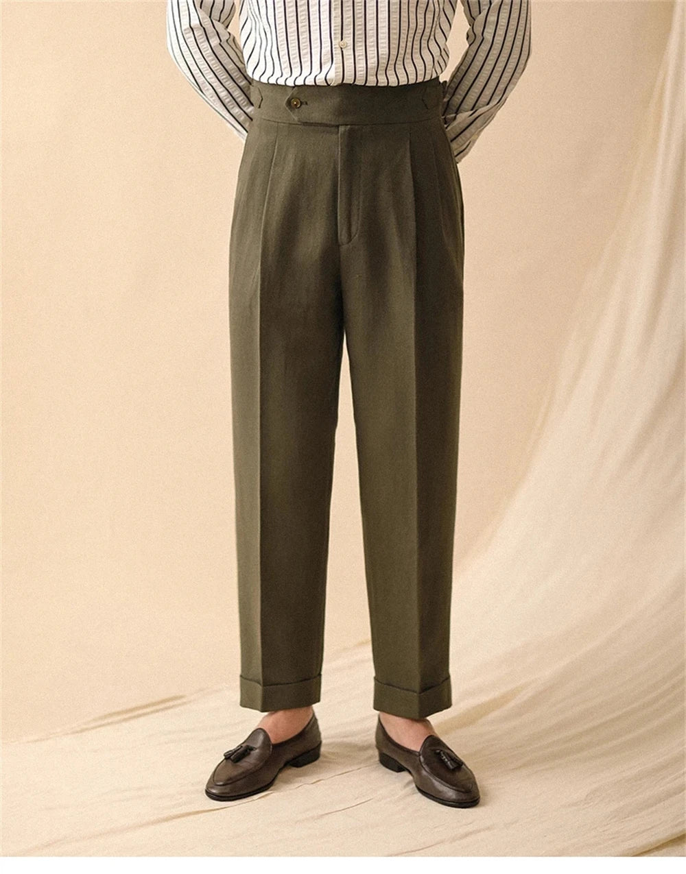 Pantalón recto de lino para hombre, pantalón de verano para caballero de negocios, Nápoles, hebilla de París, drapeado, pantalones de talle alto, pantalón Formal para hombre
