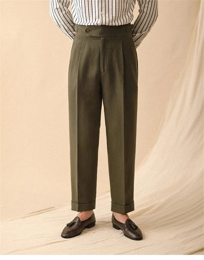 Pantalón recto de lino para hombre, pantalón de verano para caballero de negocios, Nápoles, hebilla de París, drapeado, pantalones de talle alto, pantalón Formal para hombre