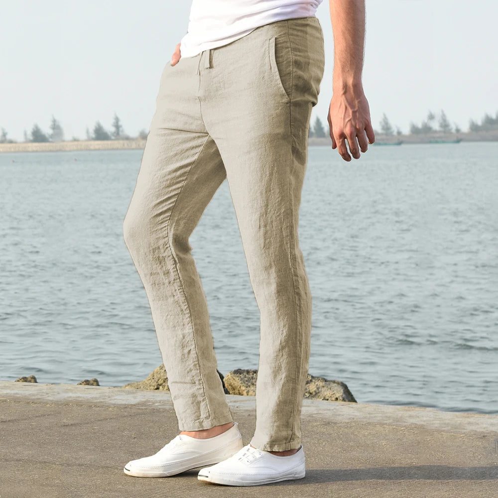 Pantalones de lino y algodón color solido
