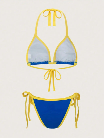 Women's Sexy Bikini Set With Color-Blocked Side Panels And Adjustable Side Ties, Summer Beach Vacations,Swimsuits For Woman