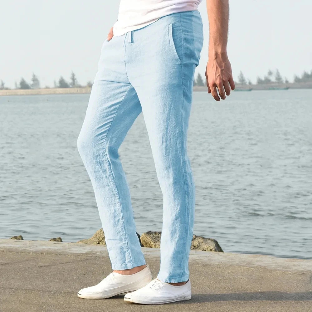 Pantalones de lino y algodón color solido