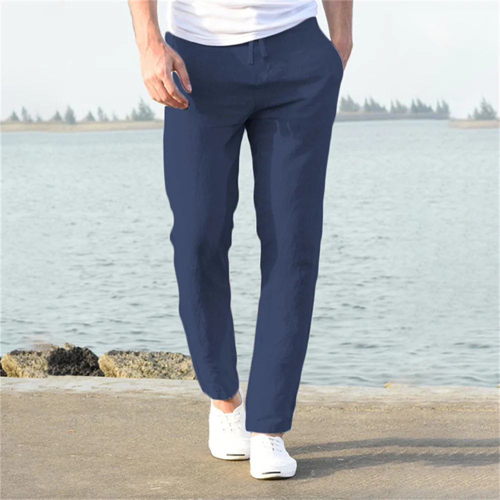 Pantalones de lino y algodón color solido
