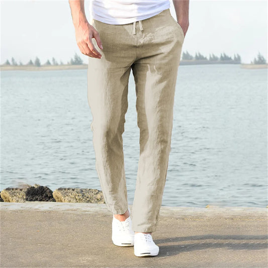 Pantalones de lino y algodón color solido