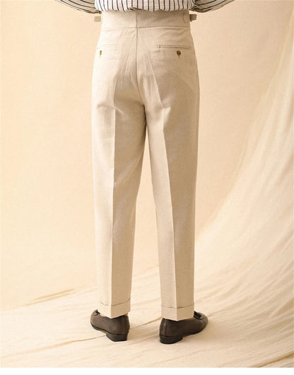 Pantalón recto de lino para hombre, pantalón de verano para caballero de negocios, Nápoles, hebilla de París, drapeado, pantalones de talle alto, pantalón Formal para hombre