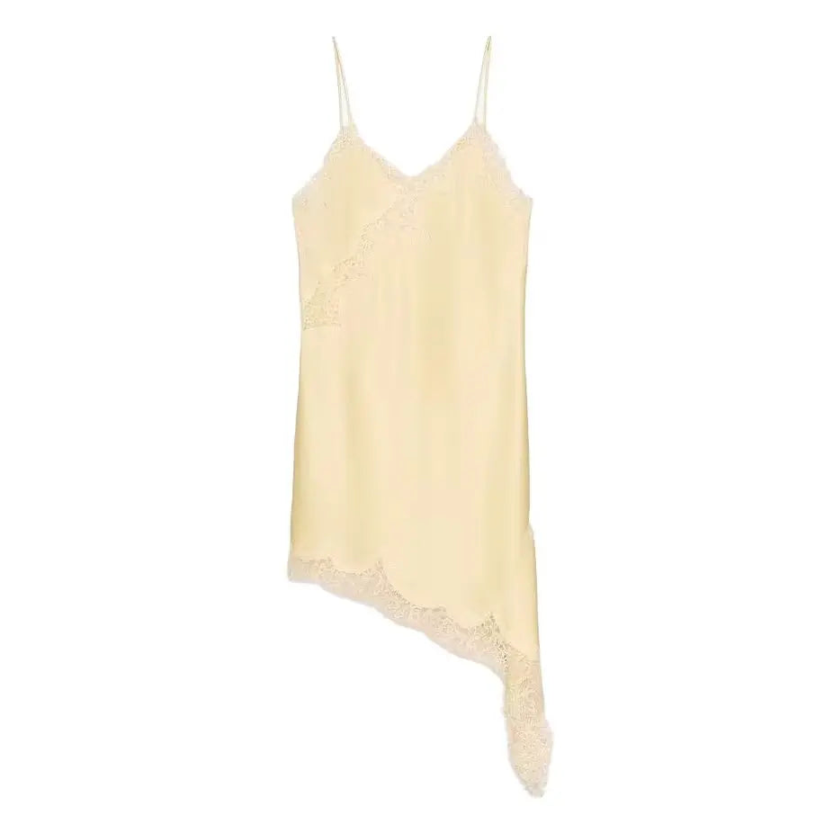 vestido transparente de encaje empalmado de satén