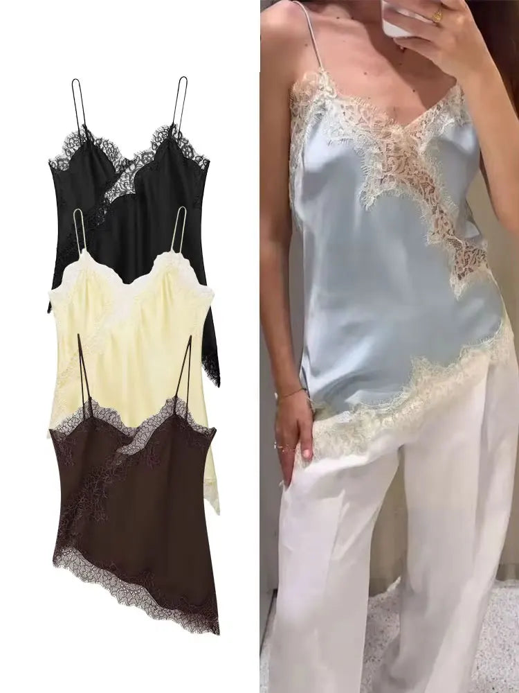 Lace-paneled camisole tops