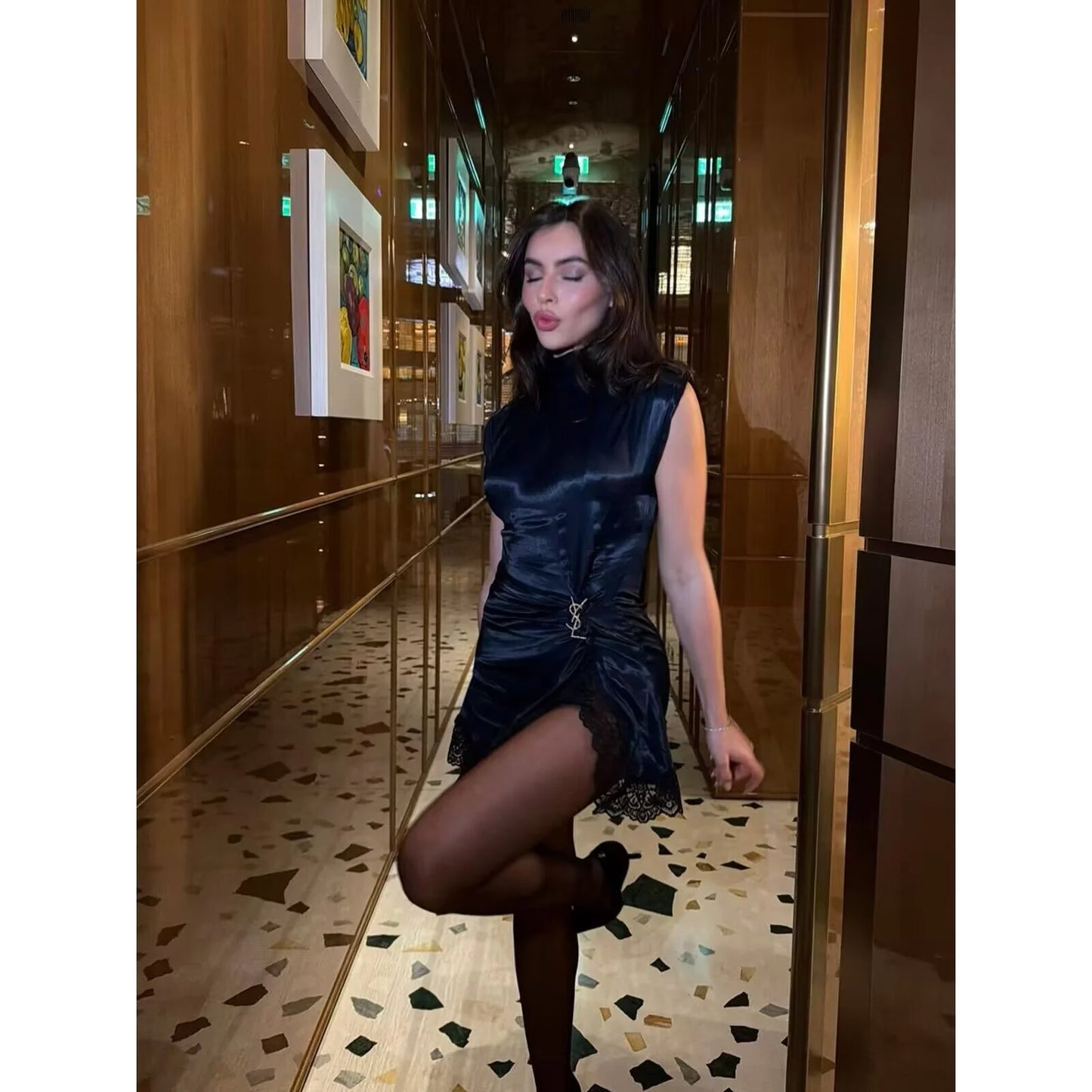 vestidos de satén  encaje patchwork hendidura sexy