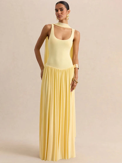 vestido largo sin mangas con cuello en U