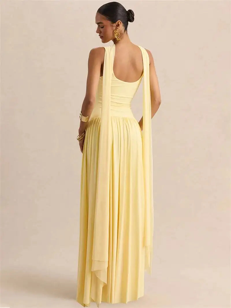 Vestido largo sexy sin espalda con cuello en U y pañuelo