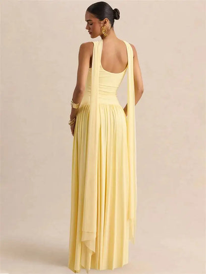 Vestido largo sexy sin espalda con cuello en U y pañuelo