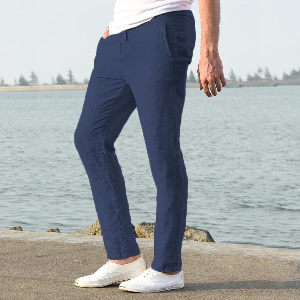 Pantalones de lino y algodón color solido