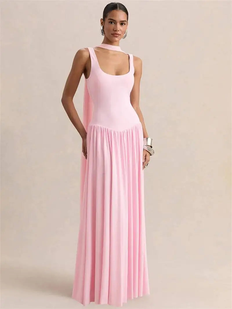 Vestido largo sexy sin espalda con cuello en U y pañuelo