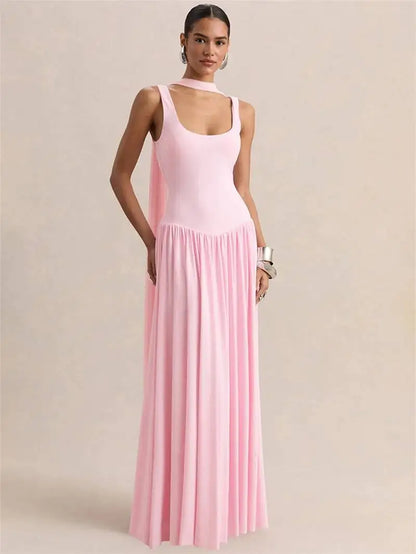 Vestido largo sexy sin espalda con cuello en U y pañuelo