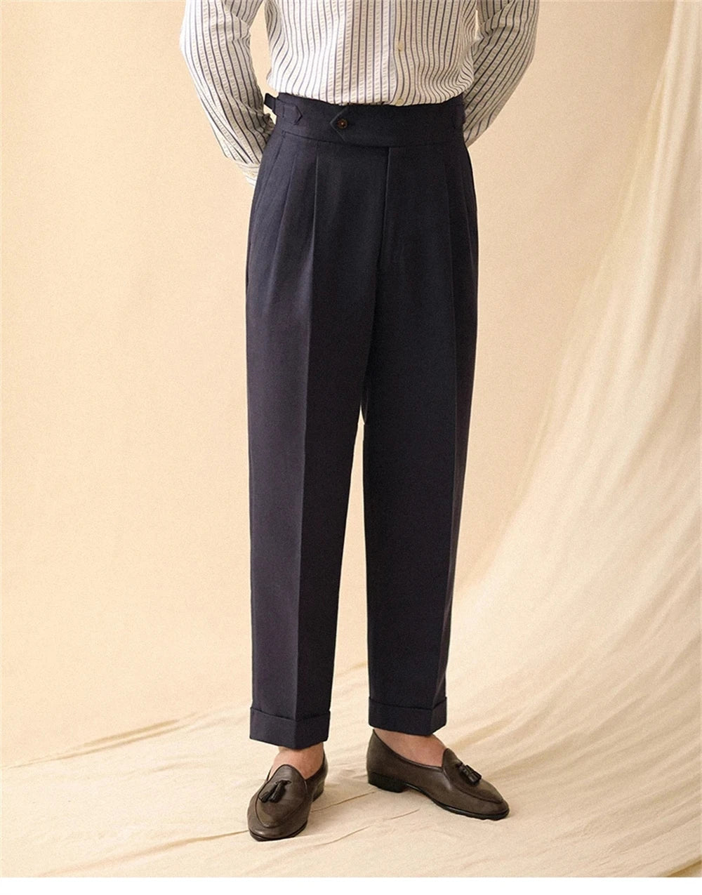 Pantalón recto de lino para hombre, pantalón de verano para caballero de negocios, Nápoles, hebilla de París, drapeado, pantalones de talle alto, pantalón Formal para hombre